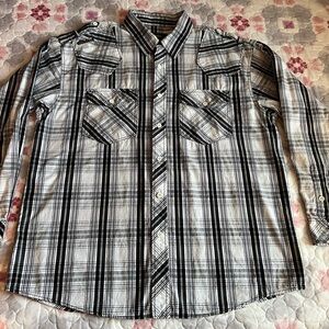 Akademiks AKDMKS Y2K Men's Black White Gray Plaid Button Up Shirt 2XL